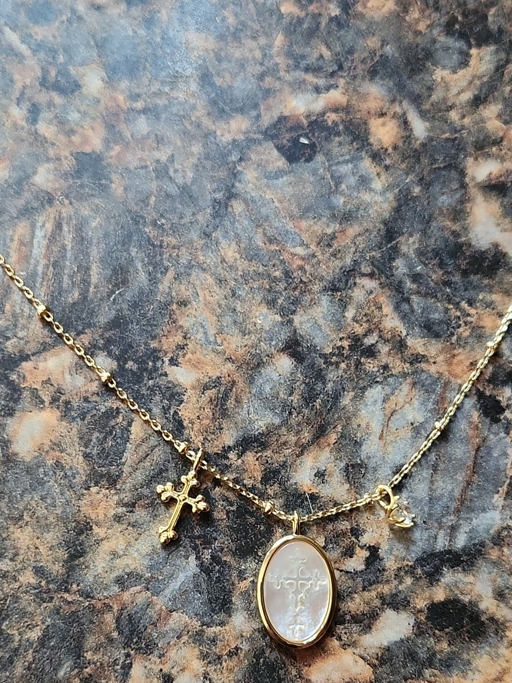 Gold-Tone Mother-of-Pearl Plated Cross Pendant Necklace with Charms
